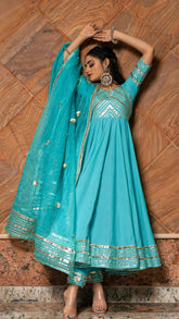 Blue Anarkali Set With Organza Dupatta